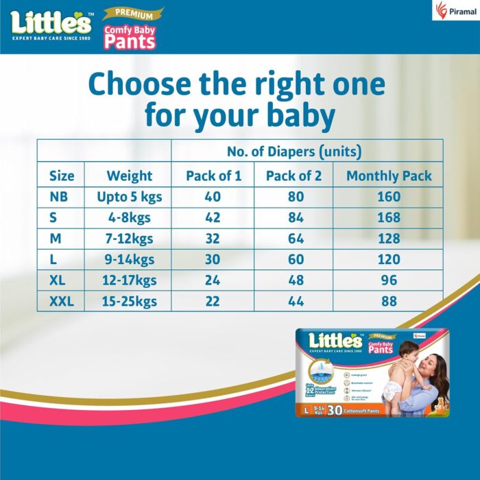 Little's Baby Diapers L Size (Large) Pants Style | 9-14 kg Chart Little's Baby Diapers L Size (Large) Pants Style | 9-14 kg Chart